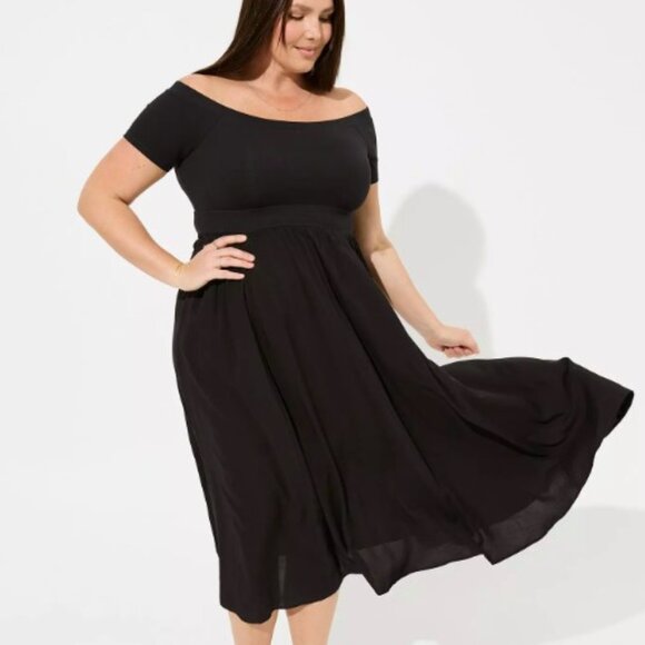 Torrid Tea Length Off the Shoulder Black Dress - Picture 1 of 2